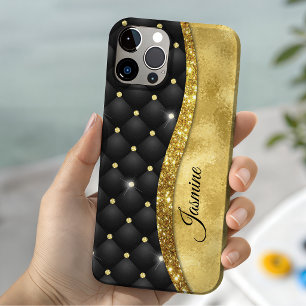 Etui iPhone 13 Monogramme élégant faux diamant noir paillettes or