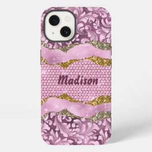 Etui iPhone 13 Monogramme élégant floral scintillant rose violet