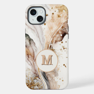 Coque iPhone 15 Plus Monogramme Élégant Marbre Brun Or Abstrait Design