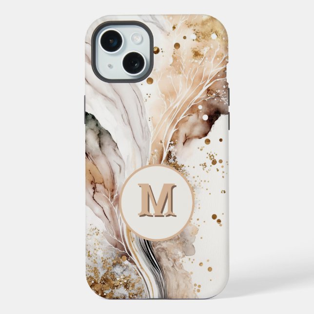 Coque iPhone Monogramme Élégant Marbre Brun Or Abstrait Design (Verso)