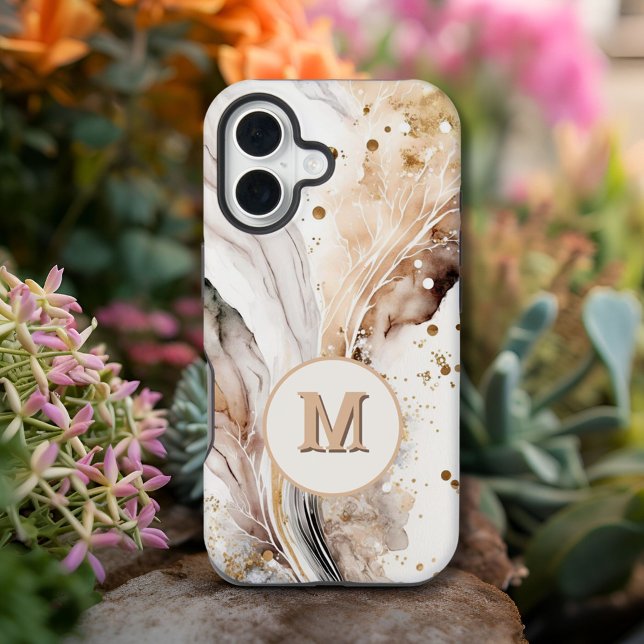 Coque iPhone Monogramme Élégant Marbre Brun Or Abstrait Design (Créateur téléchargé)