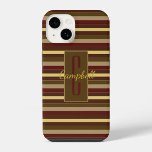 COQUE POUR iPhone 14 MONOGRAMME ÉLÉGANT MASCULIN À RAYURES BRUNES HORIZ