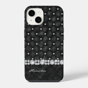 Coque Pour iPhone 14 Monogramme élégant noir et diamant faux paillettes