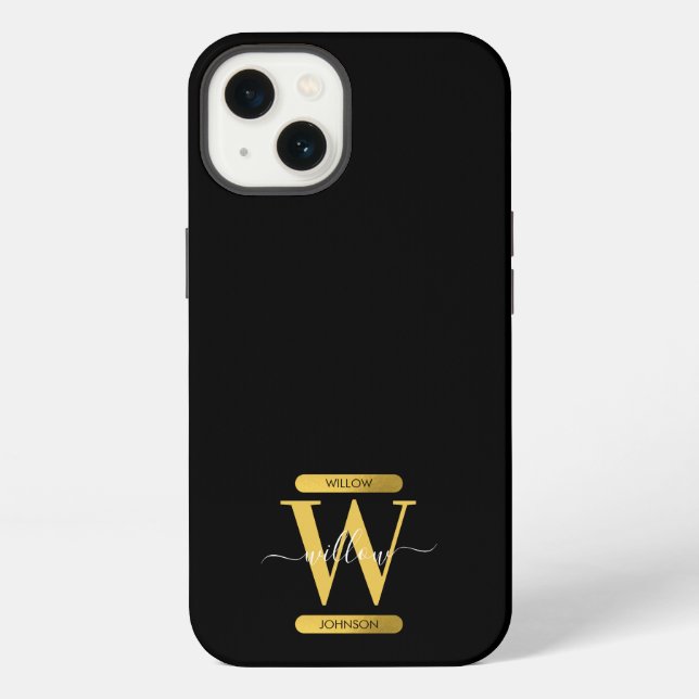 Coque iPhone Monogramme élégant noir et or, écriture moderne  (Verso)