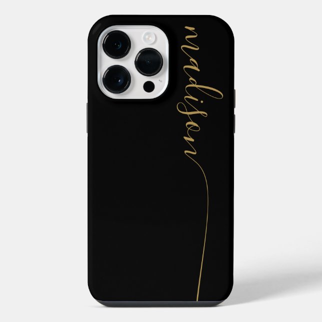 Coque iPhone Monogramme Élégant Noir Or Script (Verso)