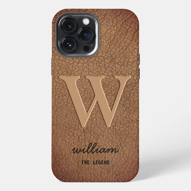 Coque iPhone Monogramme élégant nom en script or cuir marron (Verso)