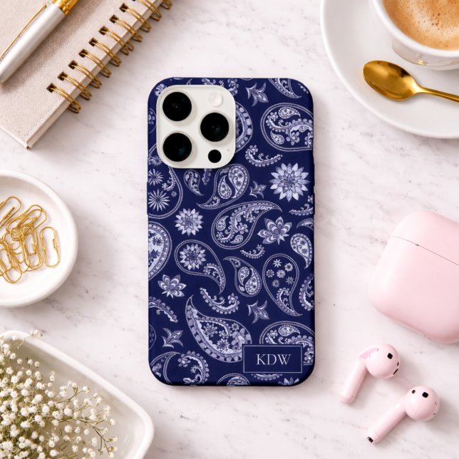 Coque iPhone Monogramme élégant paisley bleu (Créateur téléchargé)