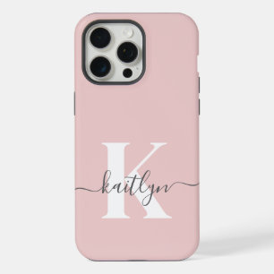 Coque iPhone 15 Pro Max Monogramme élégant rose poudré gris
