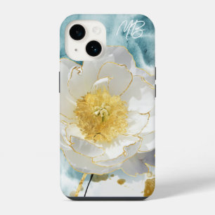 Coque Pour iPhone 14 Monogramme Élégant Simple Fleur Blanche Aquarelle