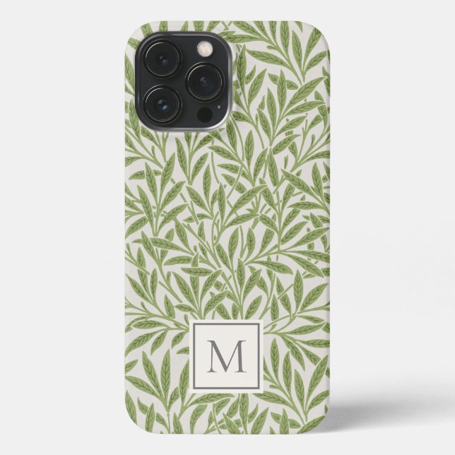 Coque iPhone Monogramme élégant vintage feuilles de saule vert (Verso)