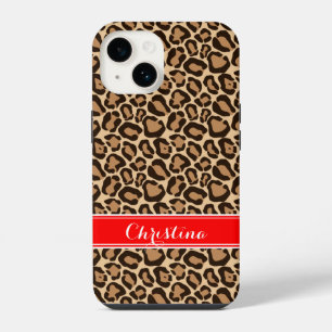 Coque Pour iPhone 14 Monogramme Empreinte de léopard rouge et Brown