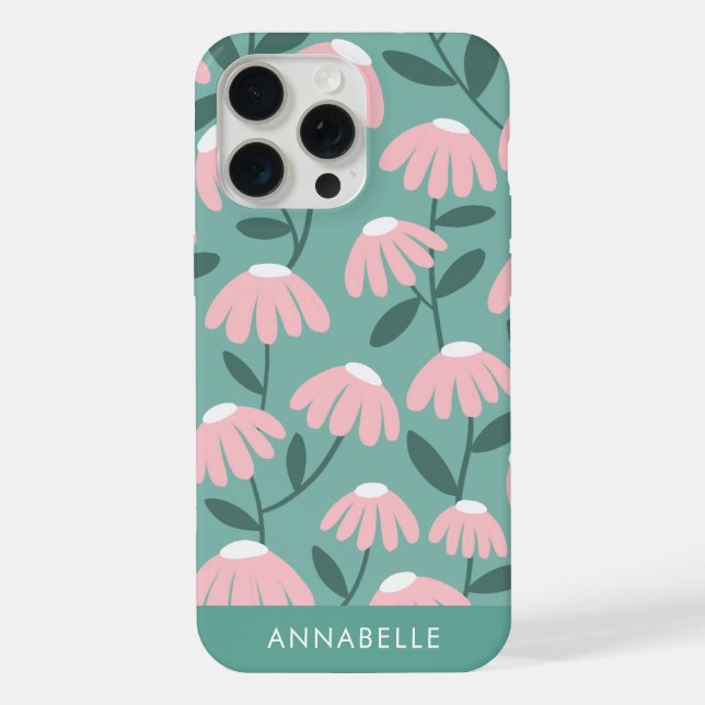 Coque iPhone Monogramme en bas Nom Motif floral rose et vert (Verso)