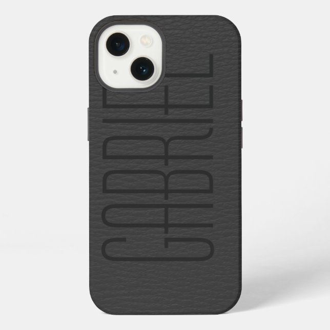 Coque iPhone Monogramme en cuir noir simple Faux (Verso)
