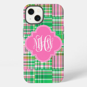 Etui iPhone 13 Monogramme en écriture vineuse Madras rose vif éme