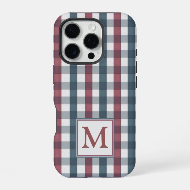 Coque iPhone Monogramme en plaid rouge, blanc et bleu (Verso)