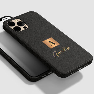 Coque Pour Pour iPhone 14 Pro Max Monogramme et nom en or noir personnalisé