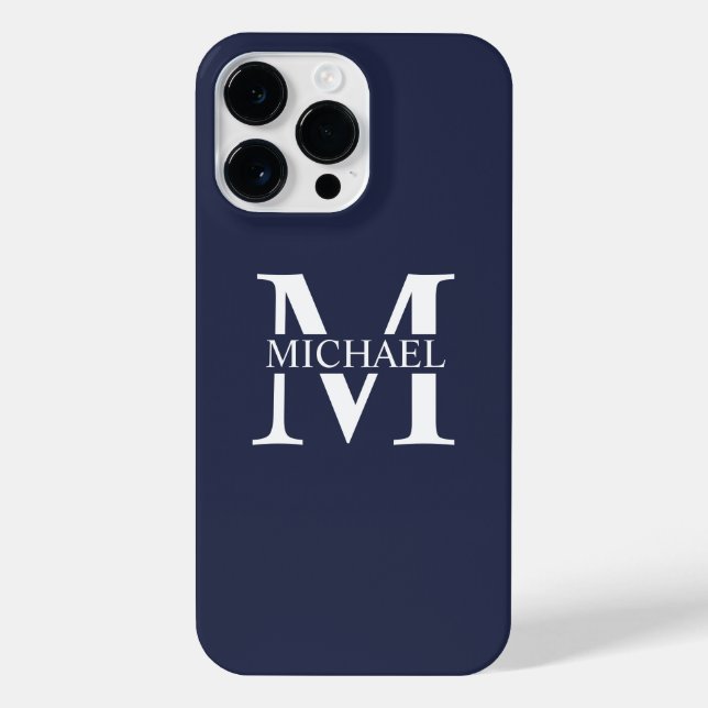 Coque iPhone Monogramme et nom personnalisés bleu marine (Verso)
