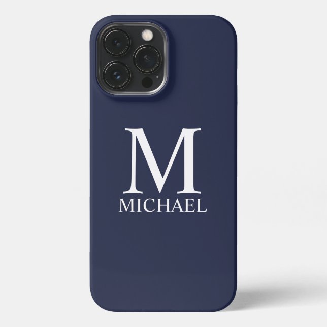 Coque iPhone Monogramme et nom personnalisés bleu marine (Verso)