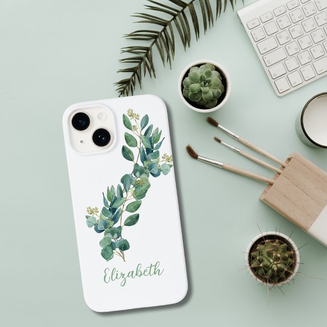 Coque iPhone Monogramme Eucalyptus Botanique Verdure  (Eucalyptus Greenery Botanical Monogrammed iPhone Case)