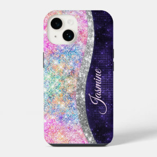Coque Pour iPhone 14 monogramme faux paillettes argent violet iridescen
