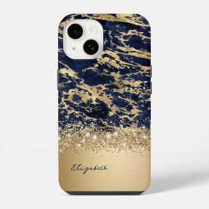 Coque Pour iPhone 14 Monogramme Faux Paillettes Marbre Navy Or Moderne