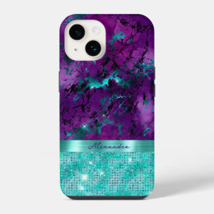 Coque Pour iPhone 14 Monogramme Faux Paillettes Marbre Turquoise Violet