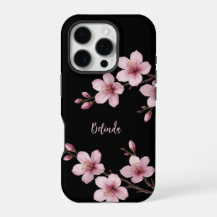 Coque iPhone 16 Pro Monogramme Fleur de Cerisier Noir Rose Aquarelle