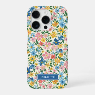 Coque iPhone 16 Pro Monogramme Fleurs Ditsy Bleu et Jaune