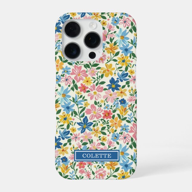 Coque iPhone Monogramme Fleurs Ditsy Bleu et Jaune (Verso)