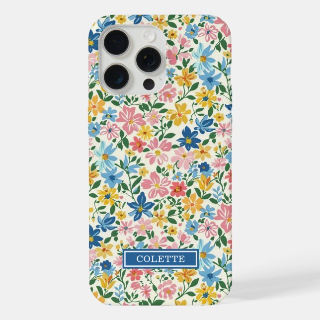 Coque iPhone Monogramme Fleurs Ditsy Bleu et Jaune (Verso)