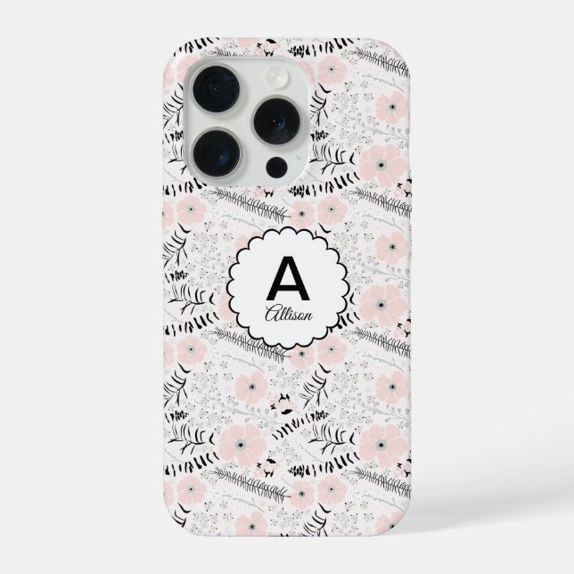 Coque iPhone Monogramme Fleurs Fantaisistes Rose Gris (Verso)