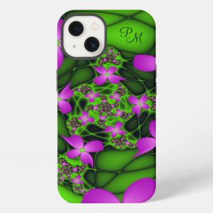 Etui iPhone 13 Monogramme Fleurs Fractales Rose Néon Vert Moderne