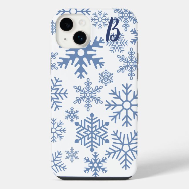 Coque iPhone Monogramme flocons de neige bleus modernes (Verso)