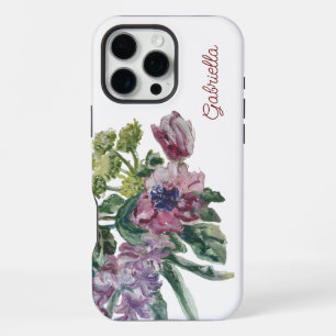 Coque iPhone 16 Pro Max Monogramme floral aquarelle blanc vert rose tendre