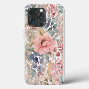 Etui iPhone 13 Pro Monogramme Floral Aquarelle Rose Pâle Rustique