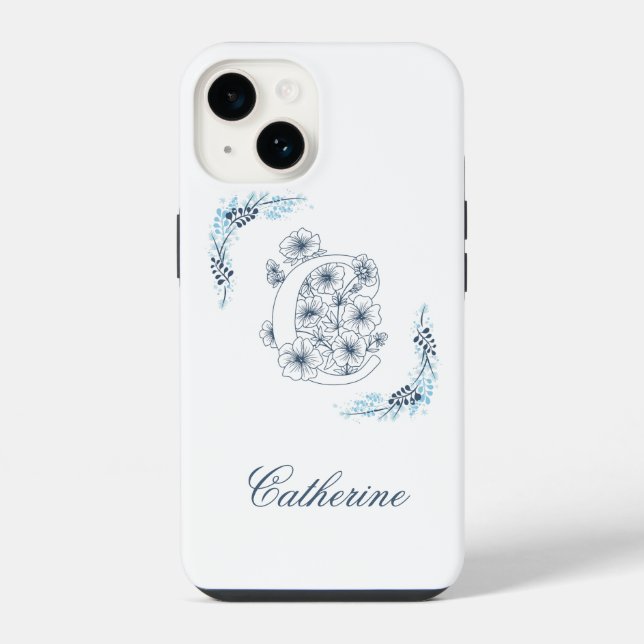 Coque iPhone Monogramme floral bleu "C" initial calmé (Verso)
