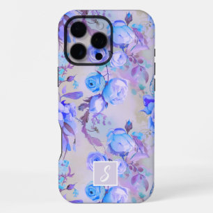 Coque iPhone 16 Pro Max Monogramme floral bleu et lavande vintage