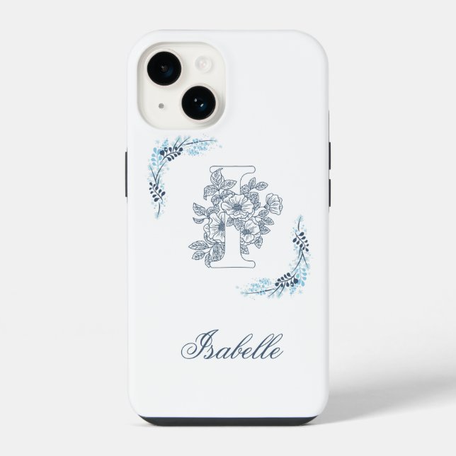 Coque iPhone Monogramme floral bleu initial "I" calme (Verso)