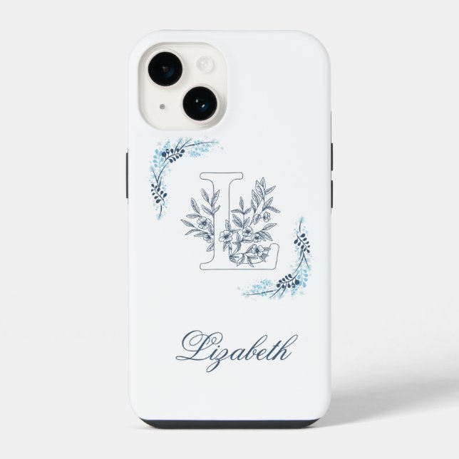 Coque iPhone Monogramme floral bleu "L" initial serein (Verso)