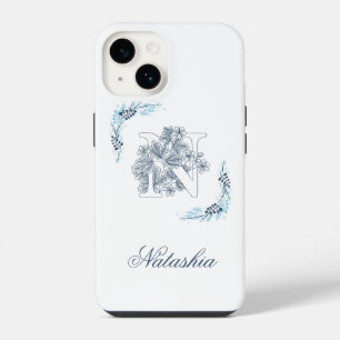 Coque Pour iPhone 14 Monogramme floral bleu "N" calme