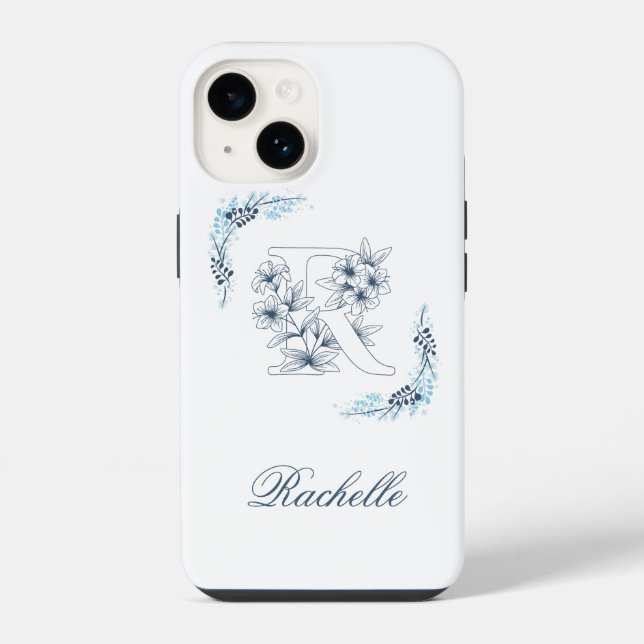 Coque iPhone Monogramme floral bleu "R" initial calmé (Verso)