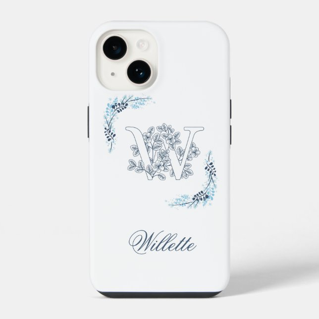 Coque iPhone Monogramme floral bleu "W" calme (Verso)