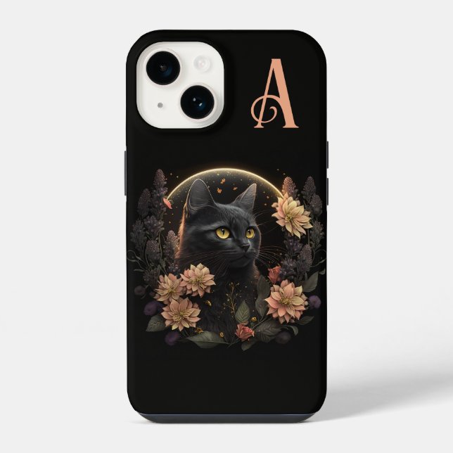 Coque iPhone Monogramme floral céleste de chat noir (Verso)