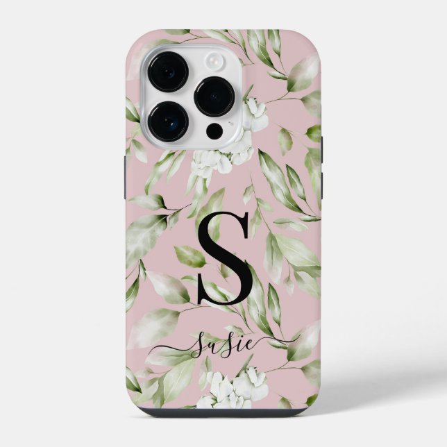Coque iPhone Monogramme floral de nom de script protecteur (Verso)