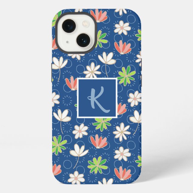 Coque iPhone Monogramme floral Ditsy bleu (Verso)