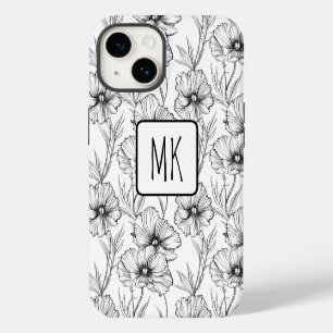Coque Pour iPhone 14 Monogrammé floral noir et blanc moderne