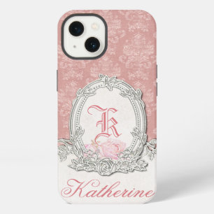 Etui iPhone 13 Monogramme floral orange Vintage de Damas roses