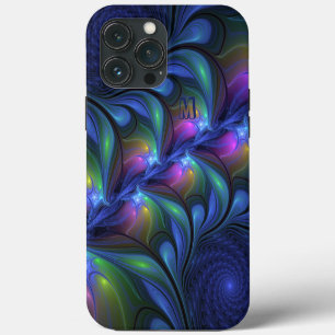 Etui iPhone 13 Pro Max Monogramme fractal abstrait bleu rose vert coloré