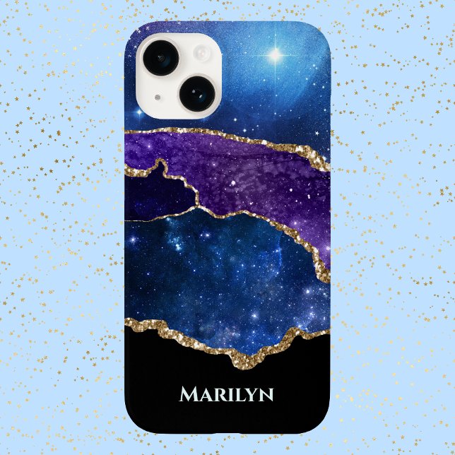 Coque iPhone Monogramme Galaxie Étoilée Noir Violet Bleu (Créateur téléchargé)