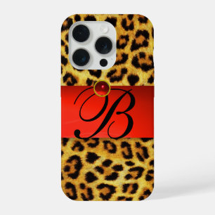COQUE iPhone 15 PRO MONOGRAMME GEMME RUBIS ROUGE FOURRURE DE LÉOPARD I